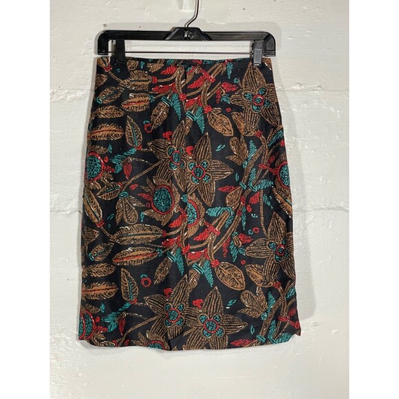 Vintage Anthony Michael Linen Blend Pencil Skirt Floral Leaf Print Black Size 8 - Picture 7 of 12